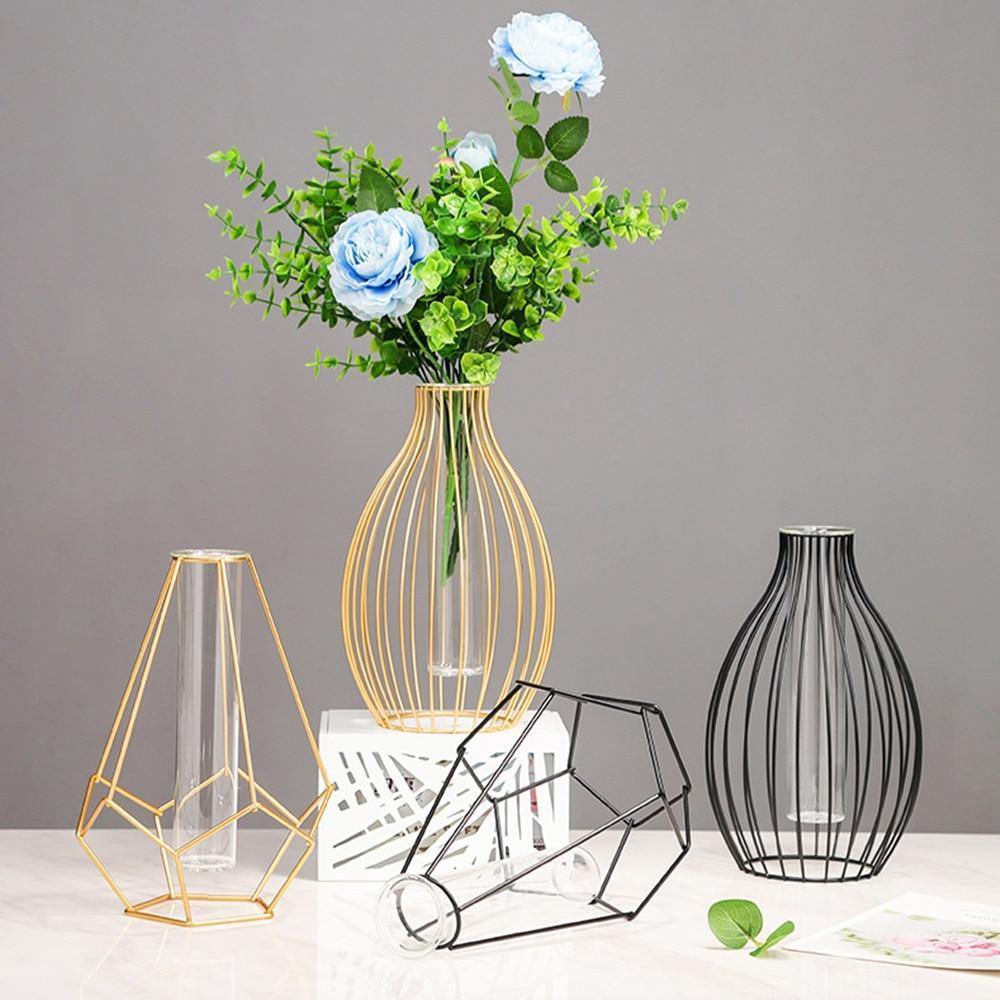 Geometric Iron Flower Vase with Glass Tube