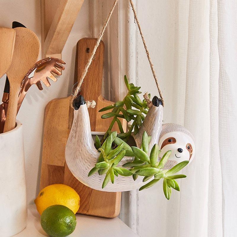 Sloth Ceramic Hanging Succulent Planter LightGrey / Paws Up | Sage & Sill